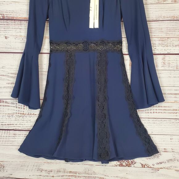 Jonathan Simkhai Blue Dress Black Lace Trim 4 Swing Party Flare Bell Sleeve NWT - Picture 6 of 16